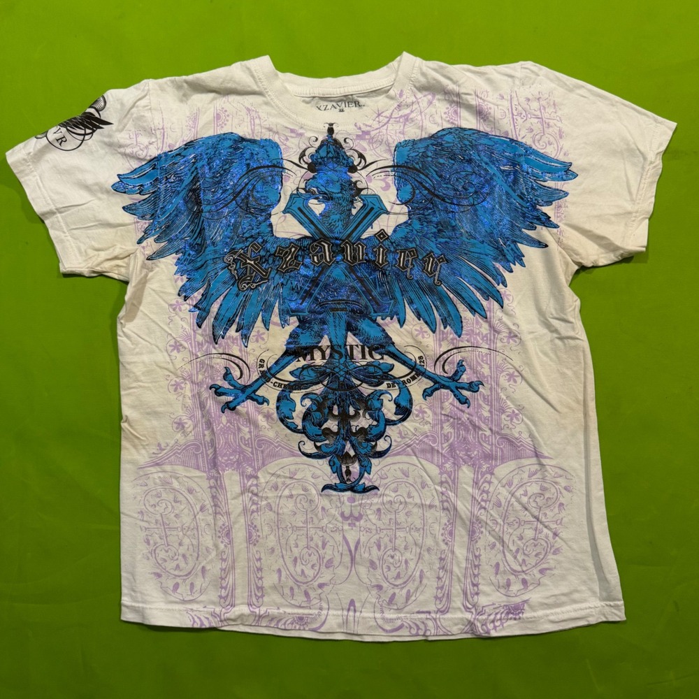 Xzavier Mens Graphic T-Shirt White Blue Eagle Crest Y2K MMA Style Size M
